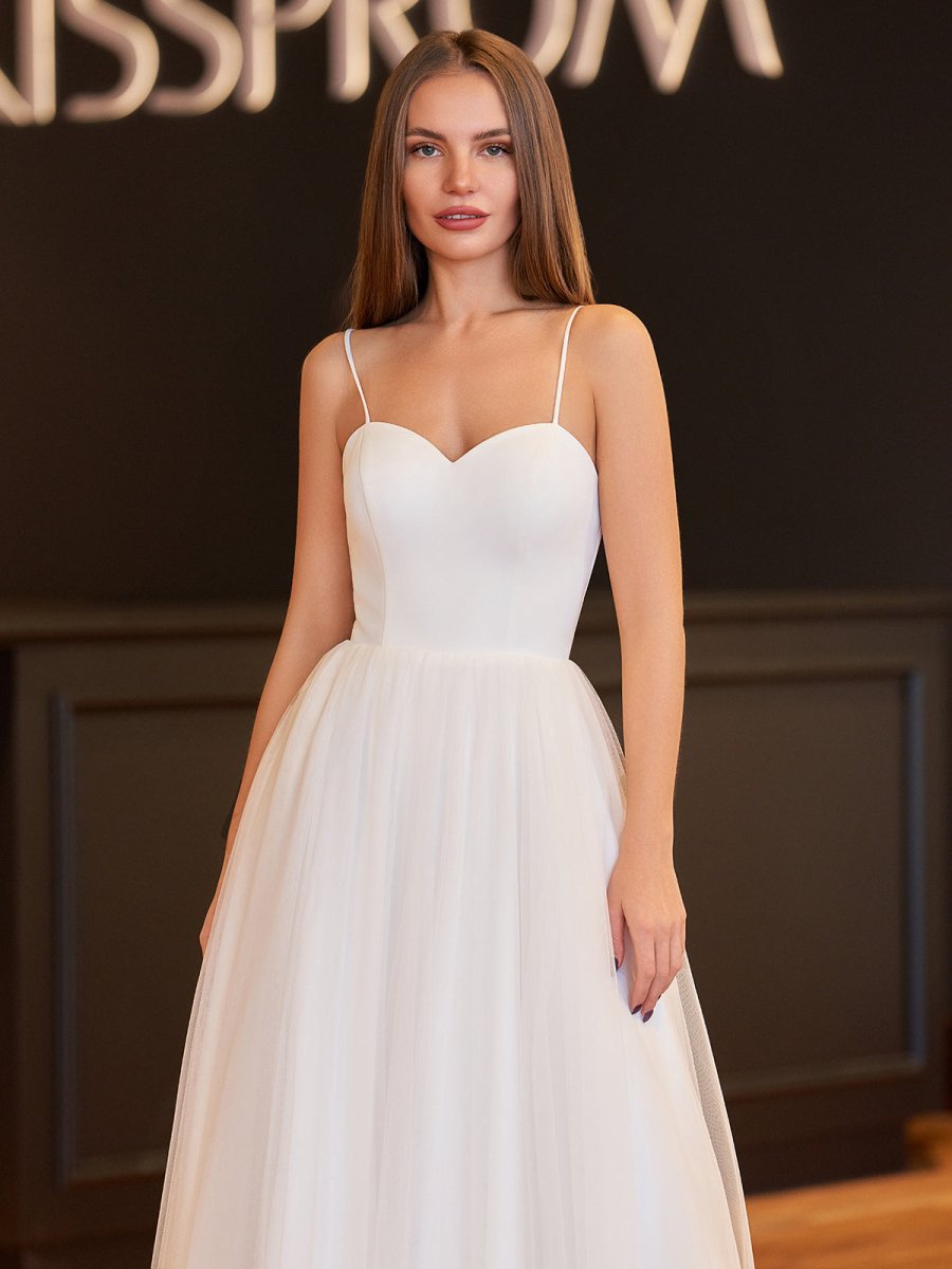 A - Line Spaghetti Straps White Satin Tulle Tea - Length Wedding Dresses - KissProm