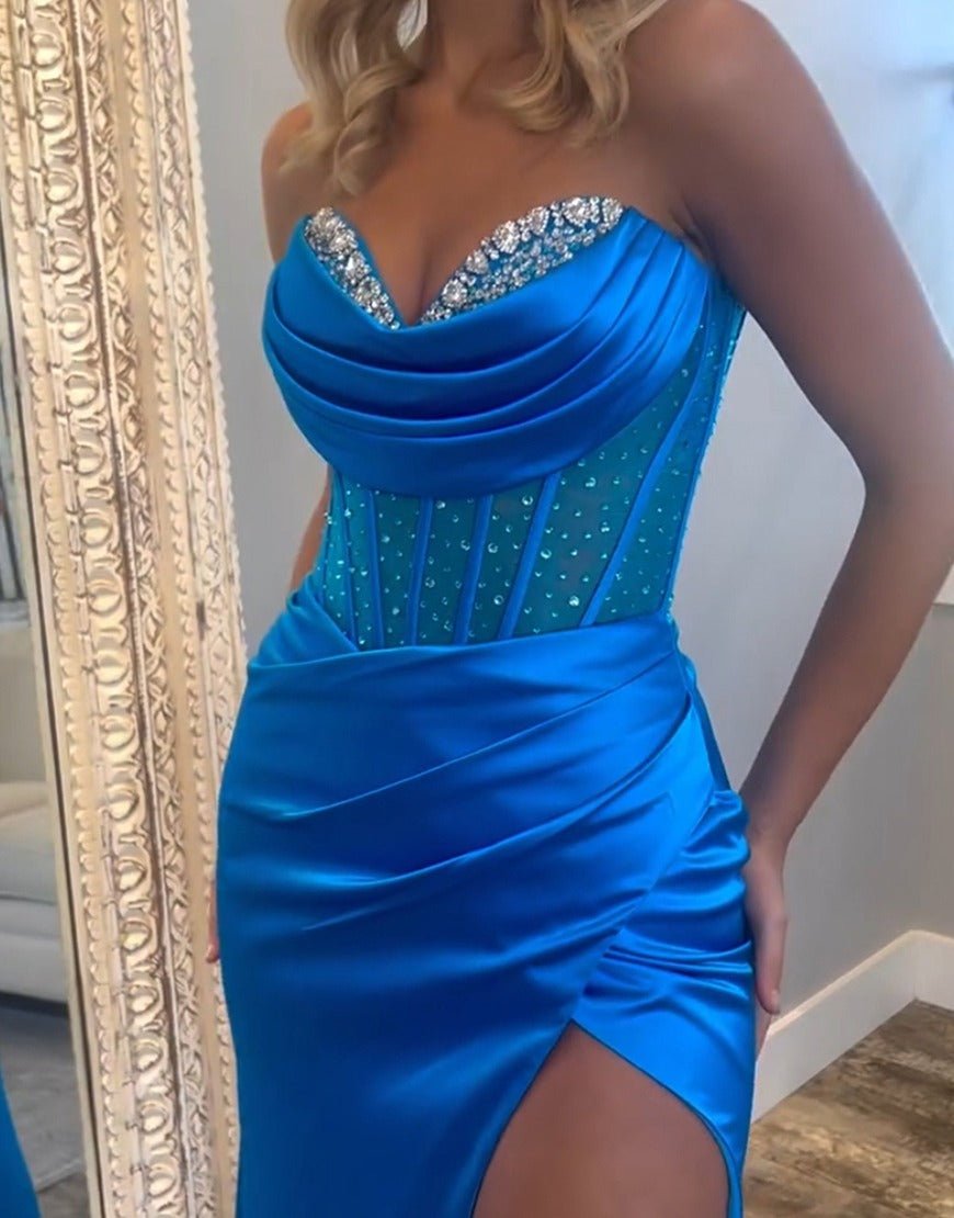 Siva Royal Blue Strapless Satin Mermaid Prom Dress With Beading