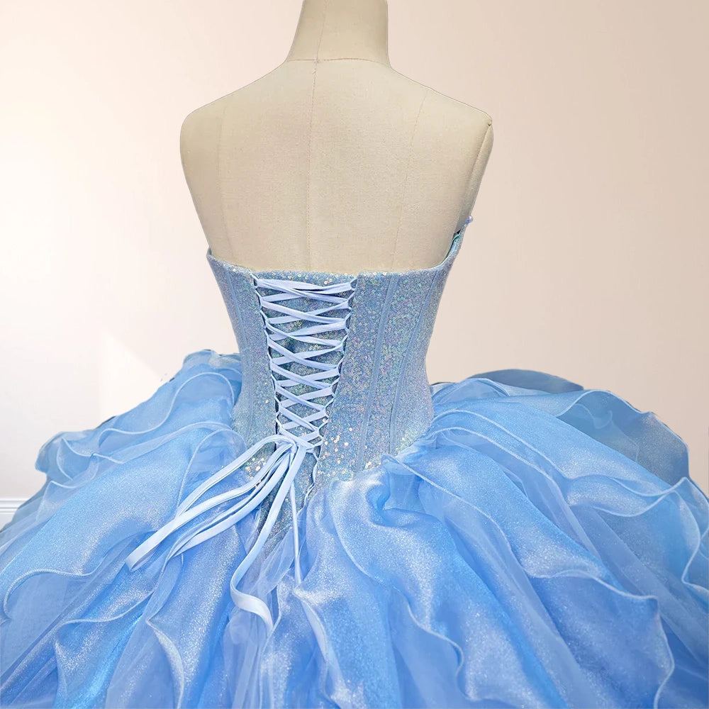 Sky Blue Quinceanera Dress with Pleats and Flowers