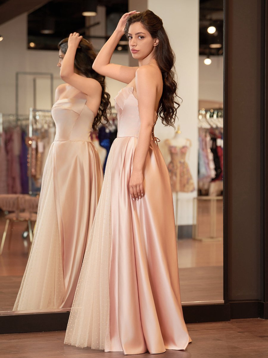 Sleeveless Satin A - Line Floor - Length Evening Gown Slit with Tulle Strapless Prom Dress - KissProm