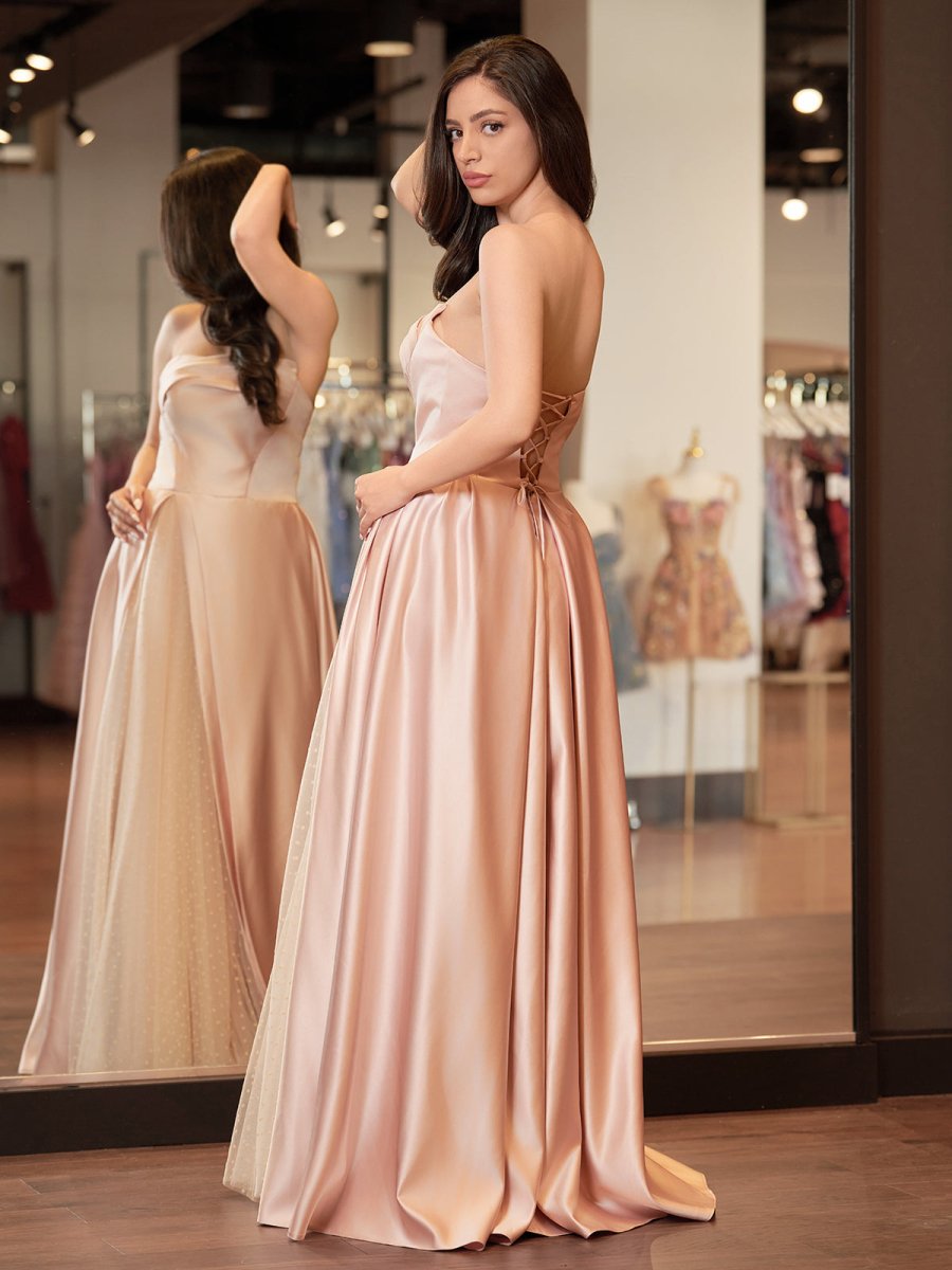 Sleeveless Satin A - Line Floor - Length Evening Gown Slit with Tulle Strapless Prom Dress - KissProm