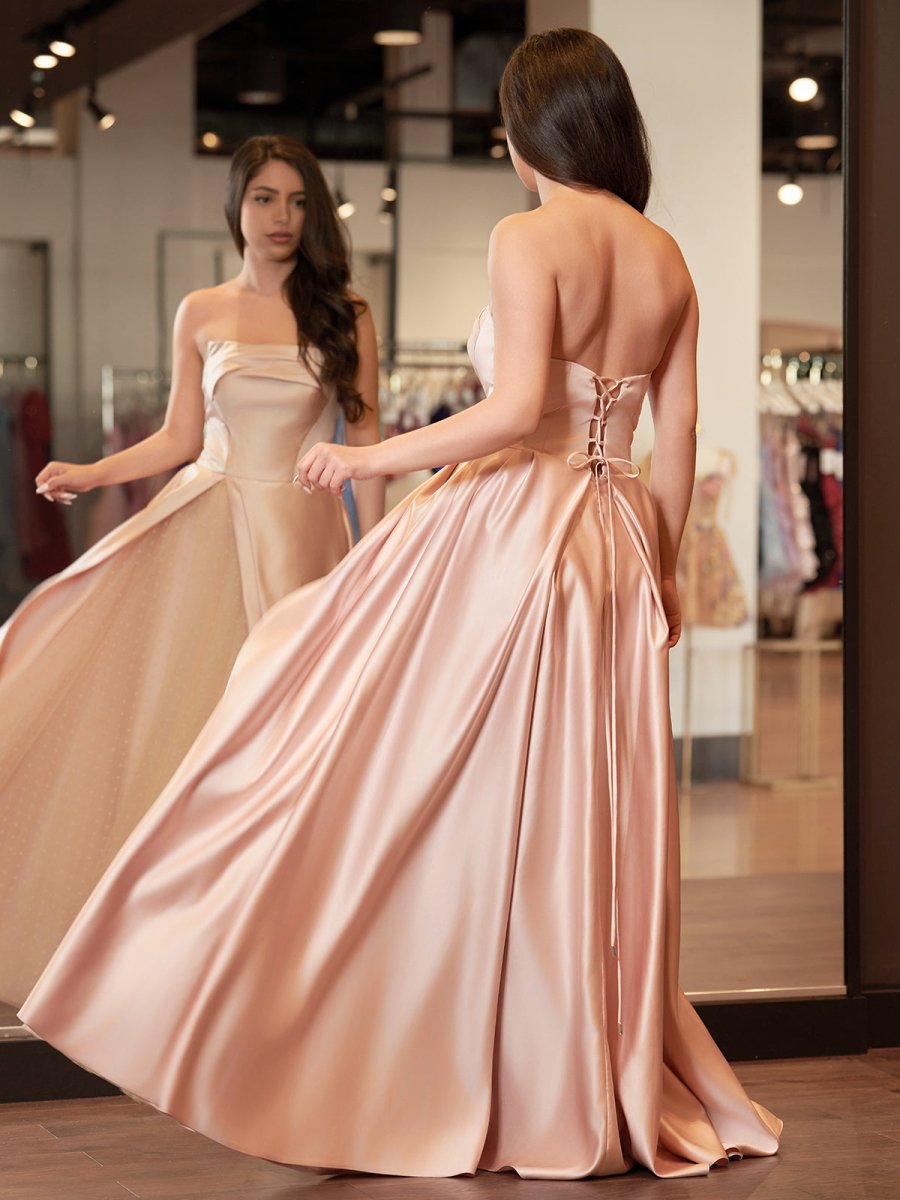 Sleeveless Satin A - Line Floor - Length Evening Gown Slit with Tulle Strapless Prom Dress - KissProm