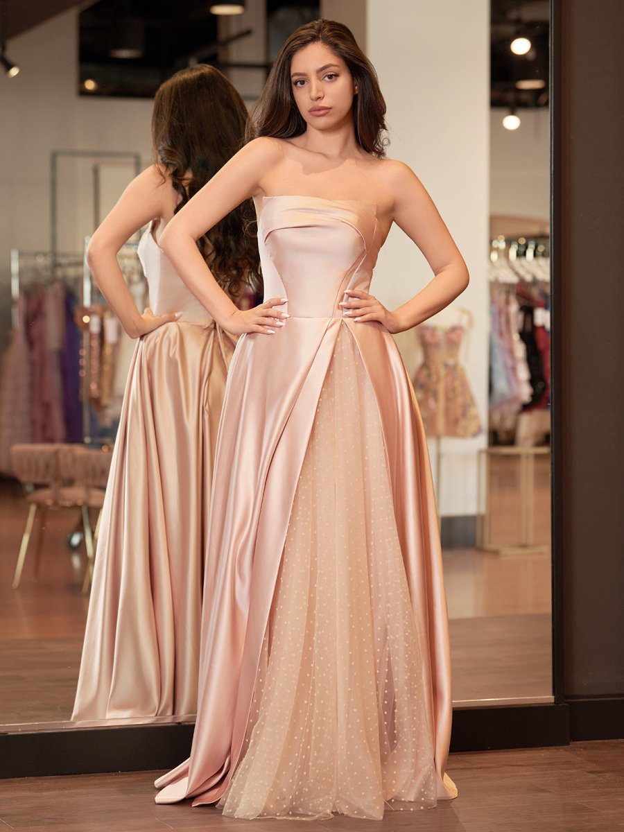 Sleeveless Satin A - Line Floor - Length Evening Gown Slit with Tulle Strapless Prom Dress - KissProm