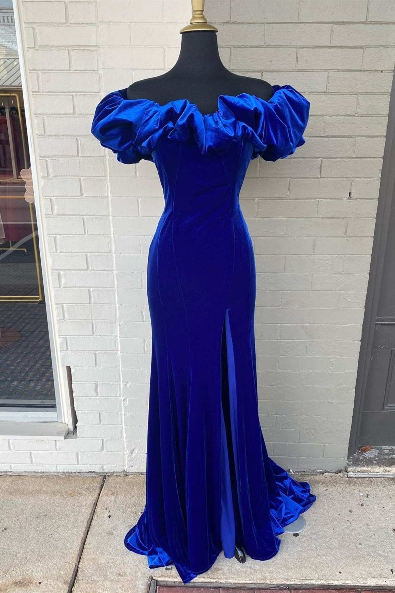 Royal Blue Off - the - Shoulder Ruffled Mermaid Long Prom Dress - KissProm