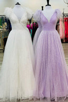 Carolina |A - Line V Neck Sequined Tulle Prom Dress with Slit - KissProm