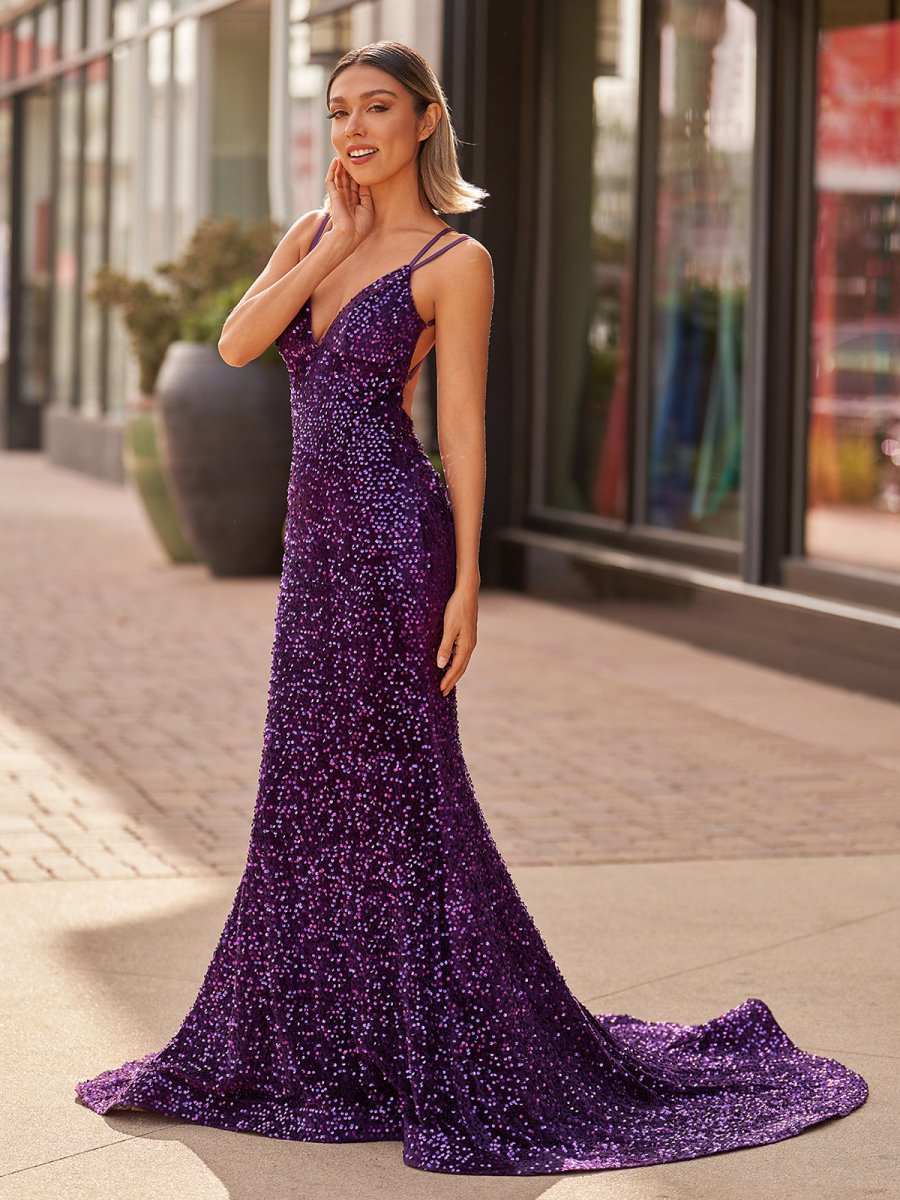 Maddison |Sparkly Blue Mermaid Sequins Long Backless Prom Dress - KissProm