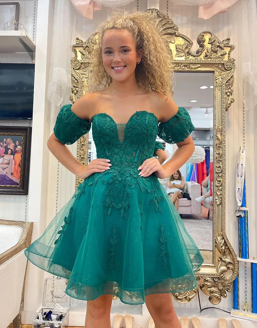 Sparkly Green A - Line Beaded Appliques Homecoming Dress with Detachable Sleeves - KissProm