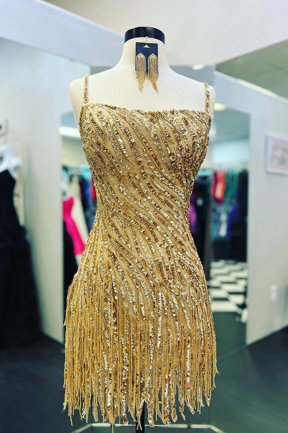 Eleri | Sparkly Sheath Spaghetti Straps Gold Short Homecoming Dress with Tassel