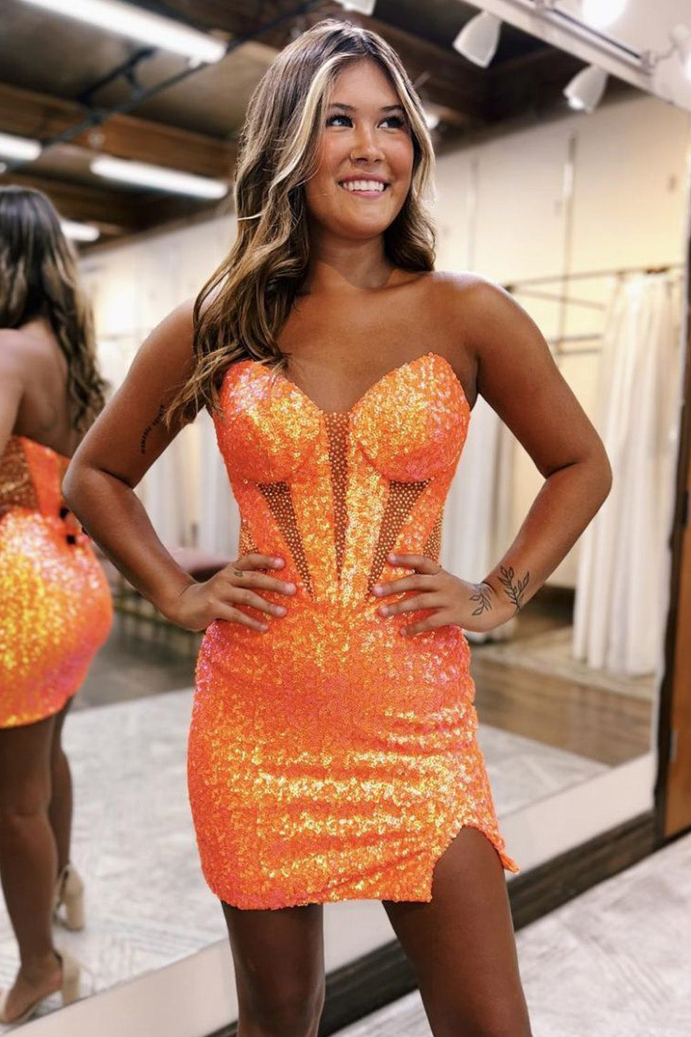 Hillary | Sparkly Strapless Bodycon Sequin Short Homecoming Dress with Slit