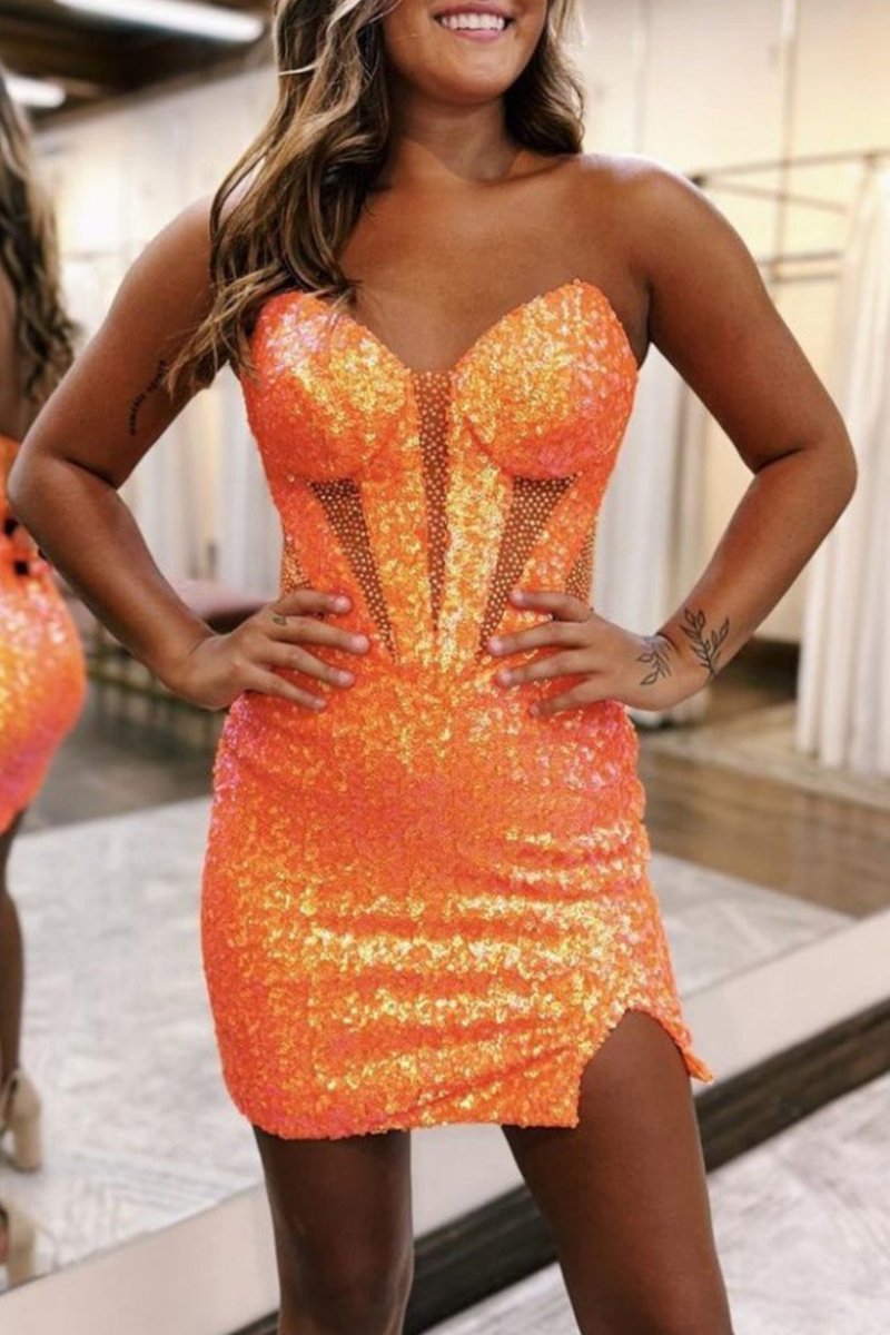 Hillary | Sparkly Strapless Bodycon Sequin Short Homecoming Dress with Slit - KissProm