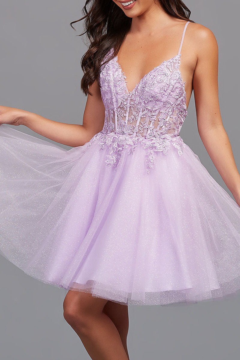 Sweet Lilac Short Homecoming Dresses Scoop Lace Appliques A-Line