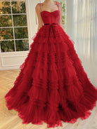 Blair |A Line Strapless Fuchsia Tiered Long Tulle Prom Dress - KissProm