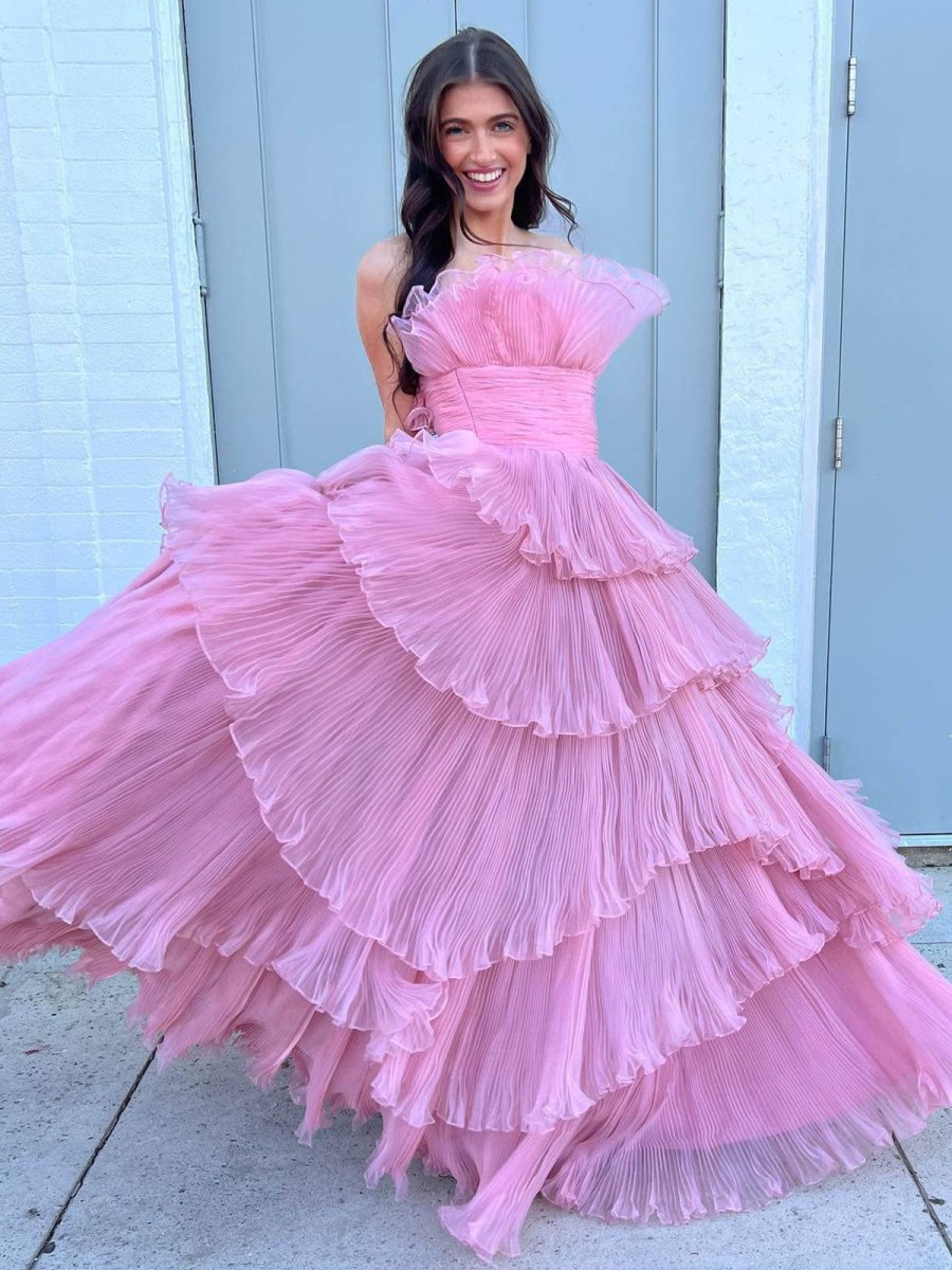 Vanessa |Strapless A - Line Tiered Crinkled Tulle Prom Dress - KissProm