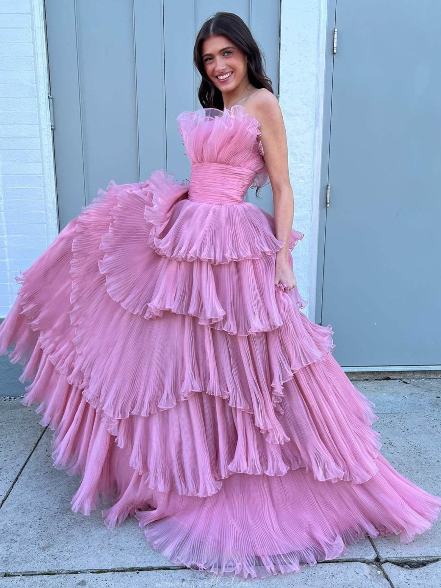 Vanessa |Strapless A - Line Tiered Crinkled Tulle Prom Dress - KissProm