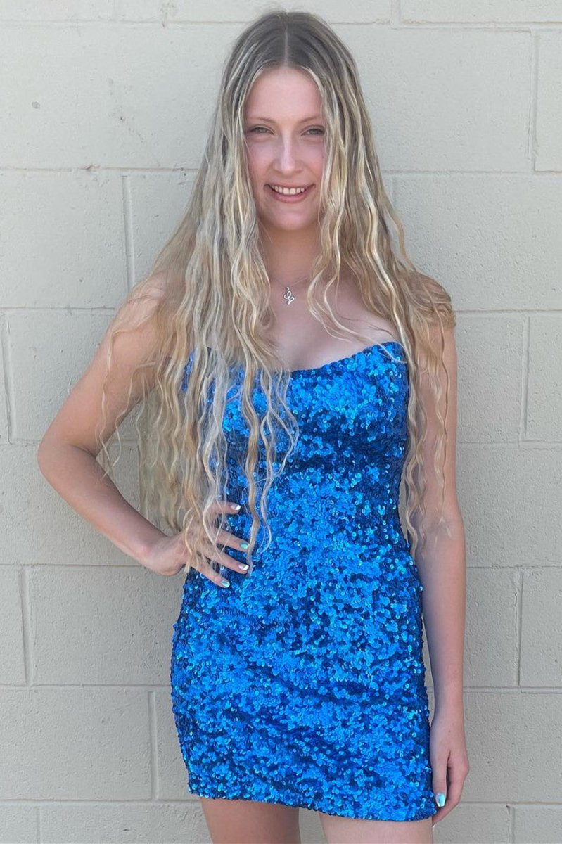 Strapless Blue Sequin Mini Homecoming Dress - KissProm