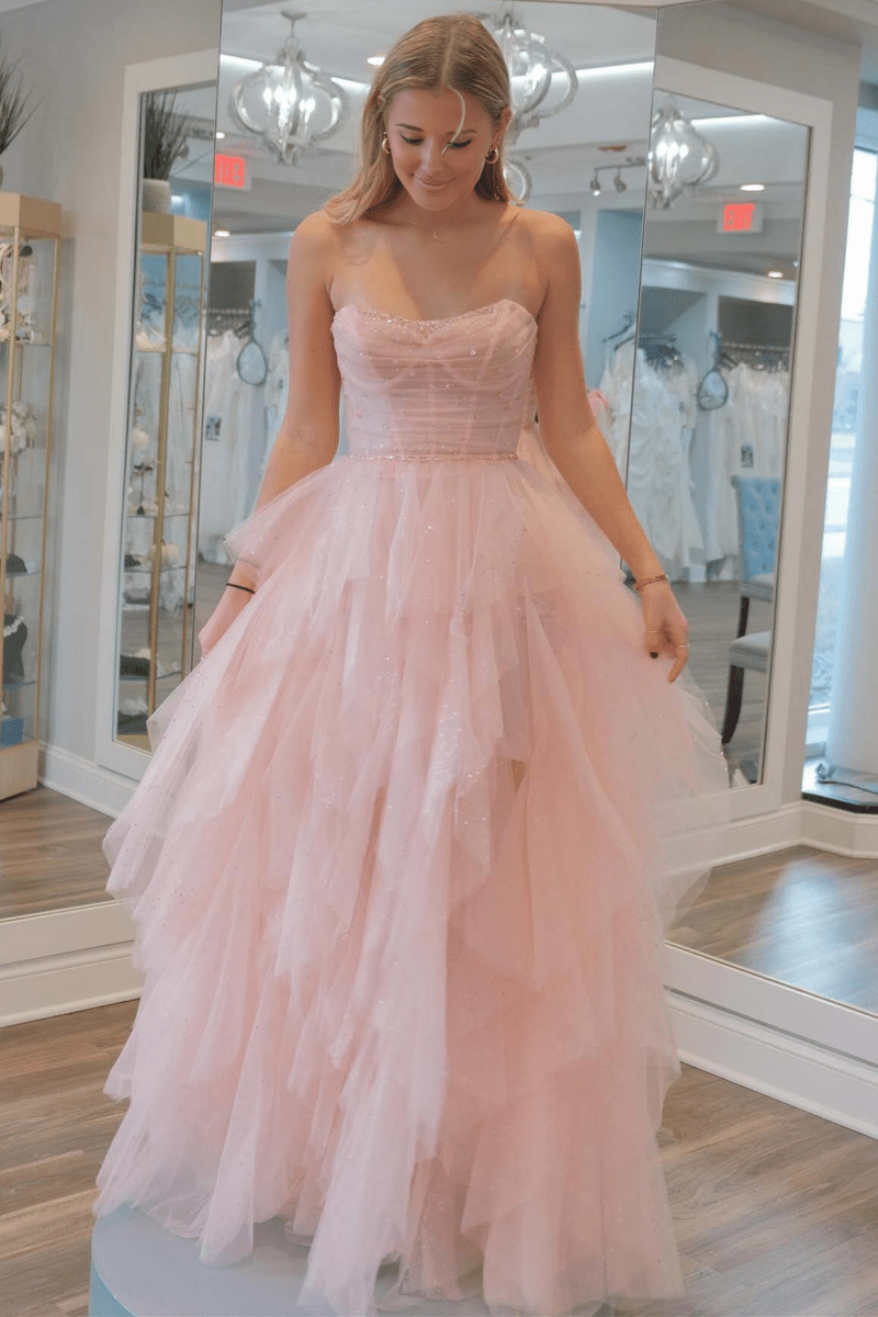 Patsy | Strapless Light Pink Sequin Beaded Ruffle Tulle Prom Dress - KissProm