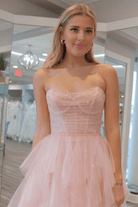 Patsy | Strapless Light Pink Sequin Beaded Ruffle Tulle Prom Dress - KissProm