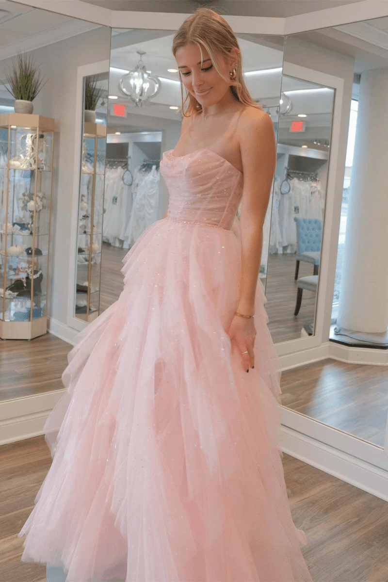 Patsy | Strapless Light Pink Sequin Beaded Ruffle Tulle Prom Dress - KissProm