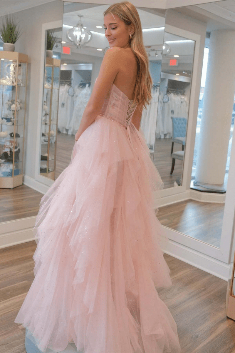 Patsy | Strapless Light Pink Sequin Beaded Ruffle Tulle Prom Dress - KissProm