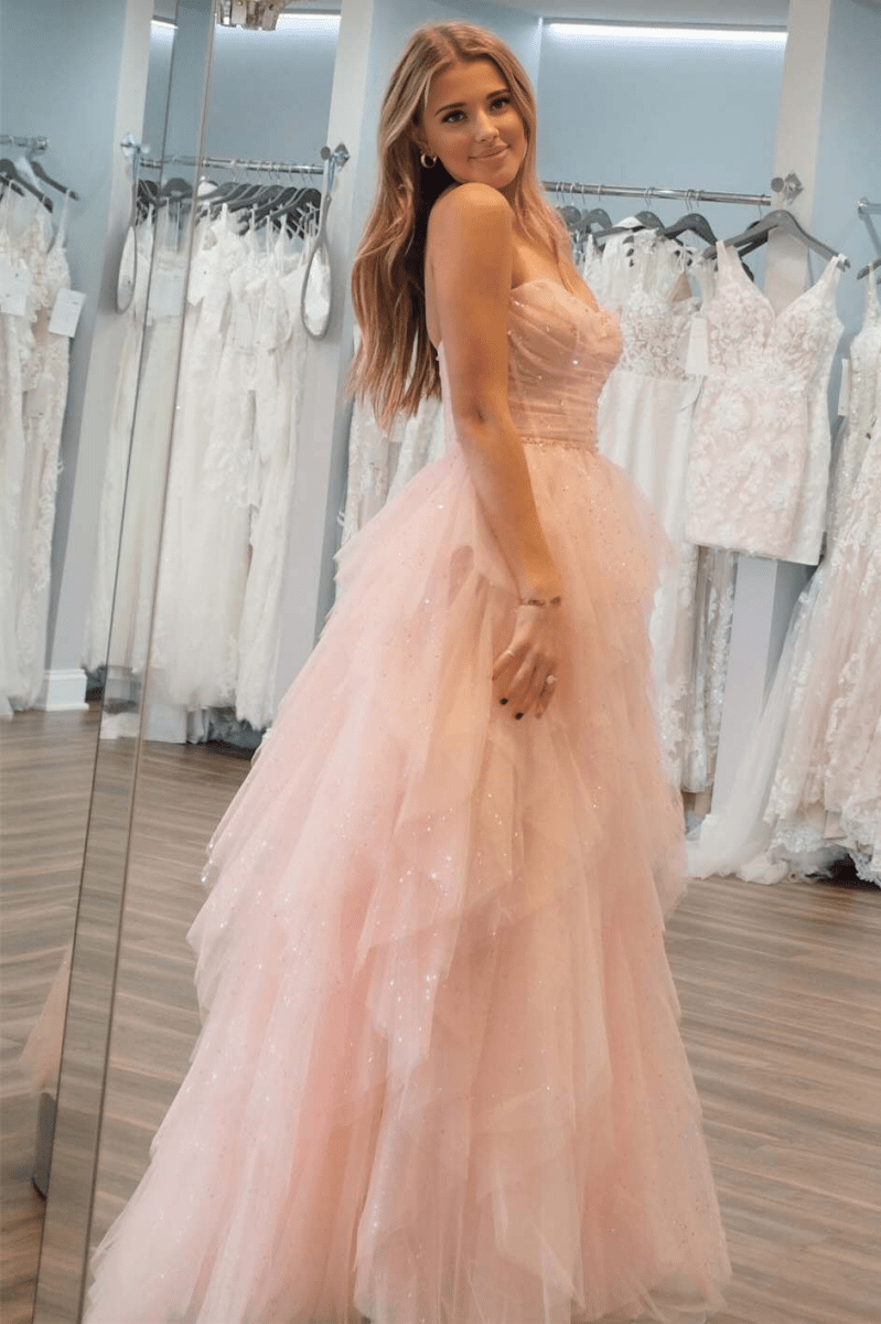 Patsy | Strapless Light Pink Sequin Beaded Ruffle Tulle Prom Dress - KissProm