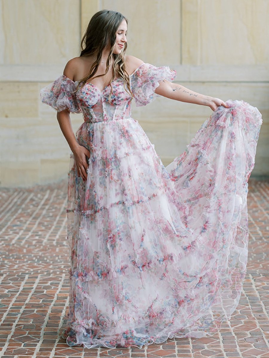 Sydney |A Line Off The Shoulder Floral Tulle Prom Dress - KissProm