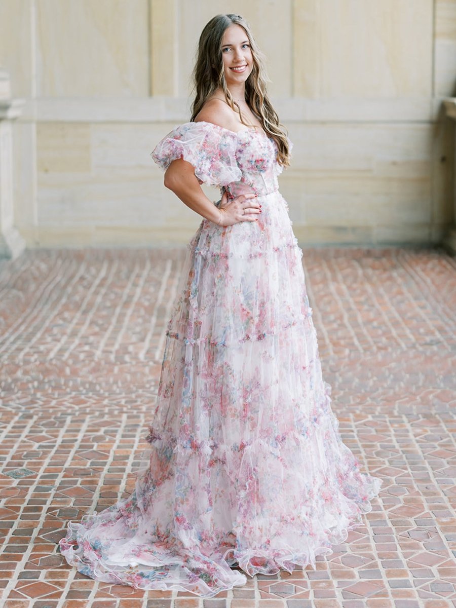 Sydney |A Line Off The Shoulder Floral Tulle Prom Dress - KissProm