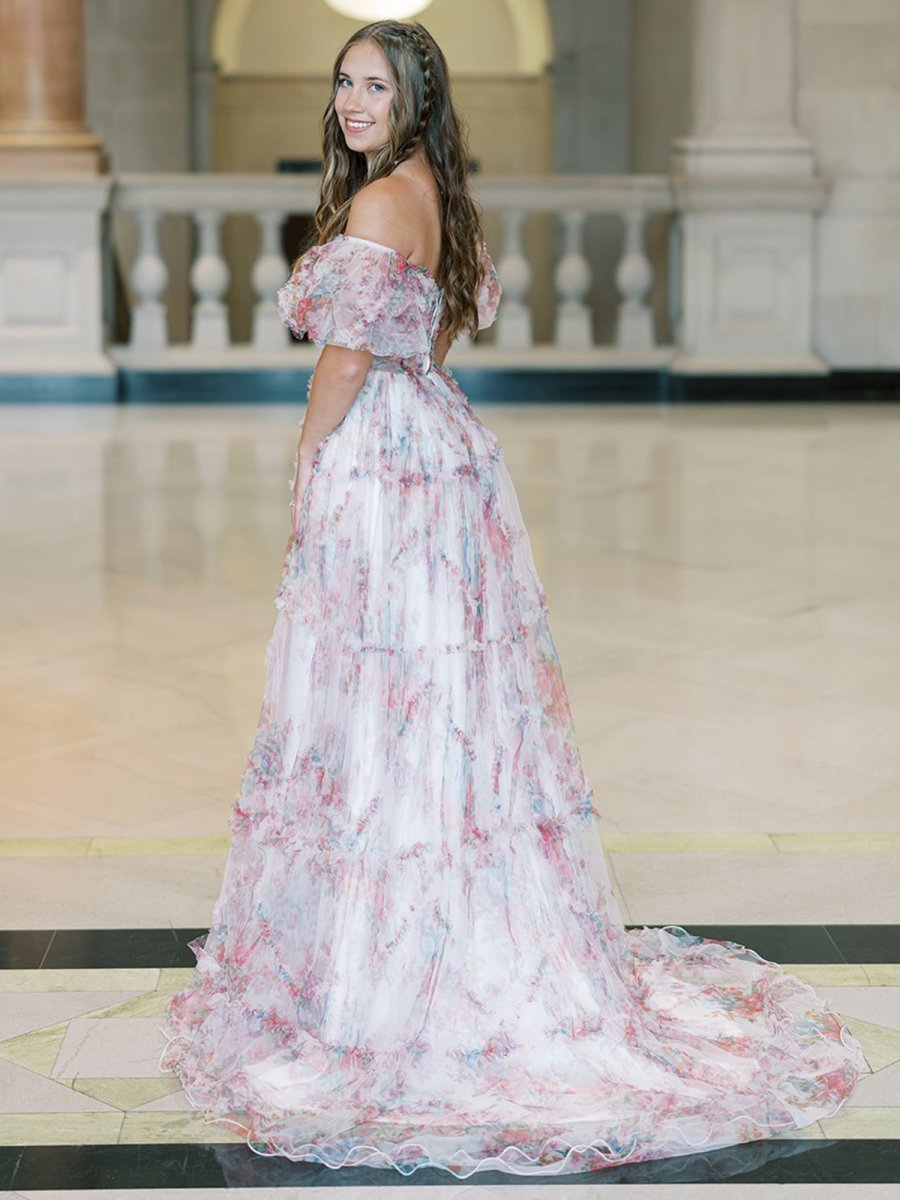 Sydney |A Line Off The Shoulder Floral Tulle Prom Dress - KissProm