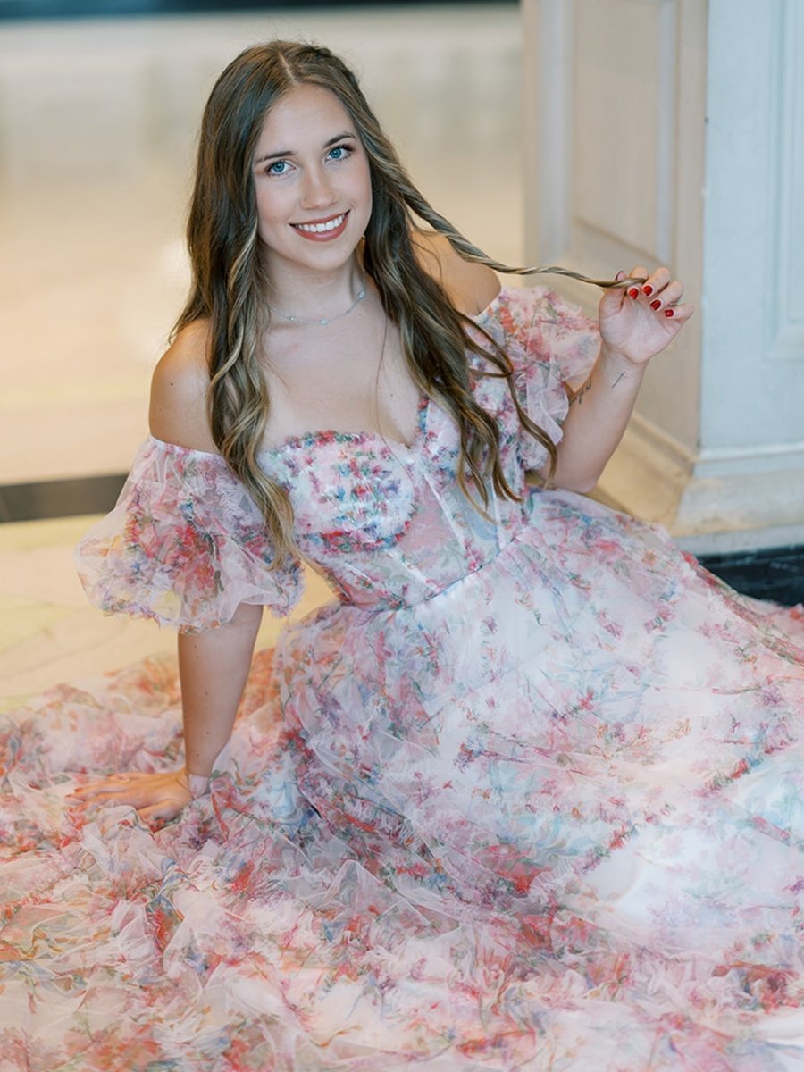 Sydney |A Line Off The Shoulder Floral Tulle Prom Dress - KissProm