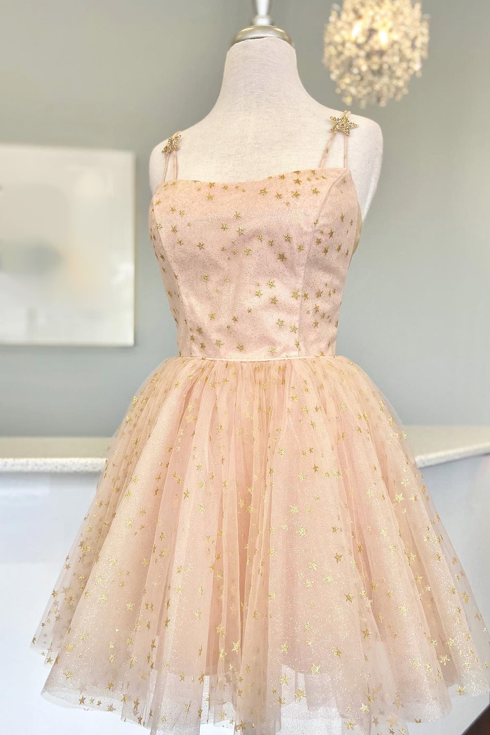 Straps Champagne A-Line Tulle Homecoming Dress with Gold Stars