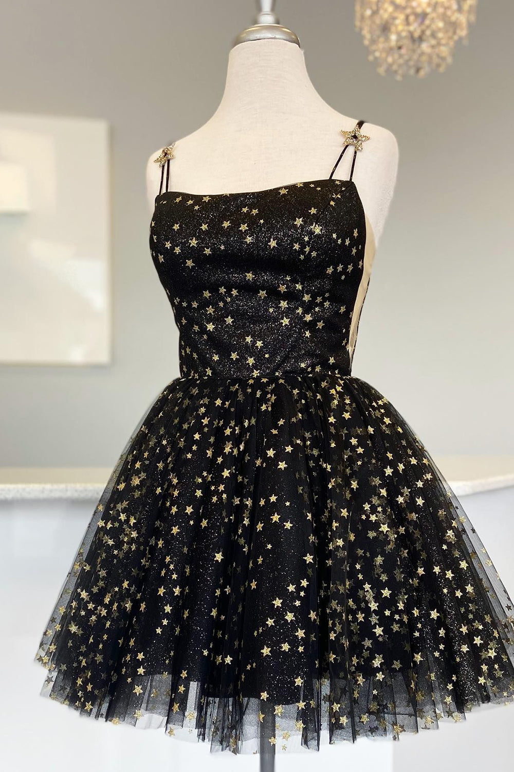 Straps Champagne A-Line Tulle Homecoming Dress with Gold Stars