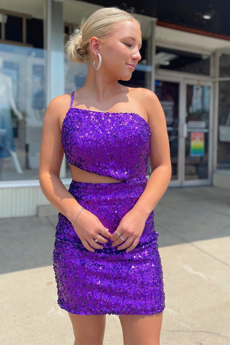 Straps One Shoulder Purple Sequins Homecoming Dress - KissProm