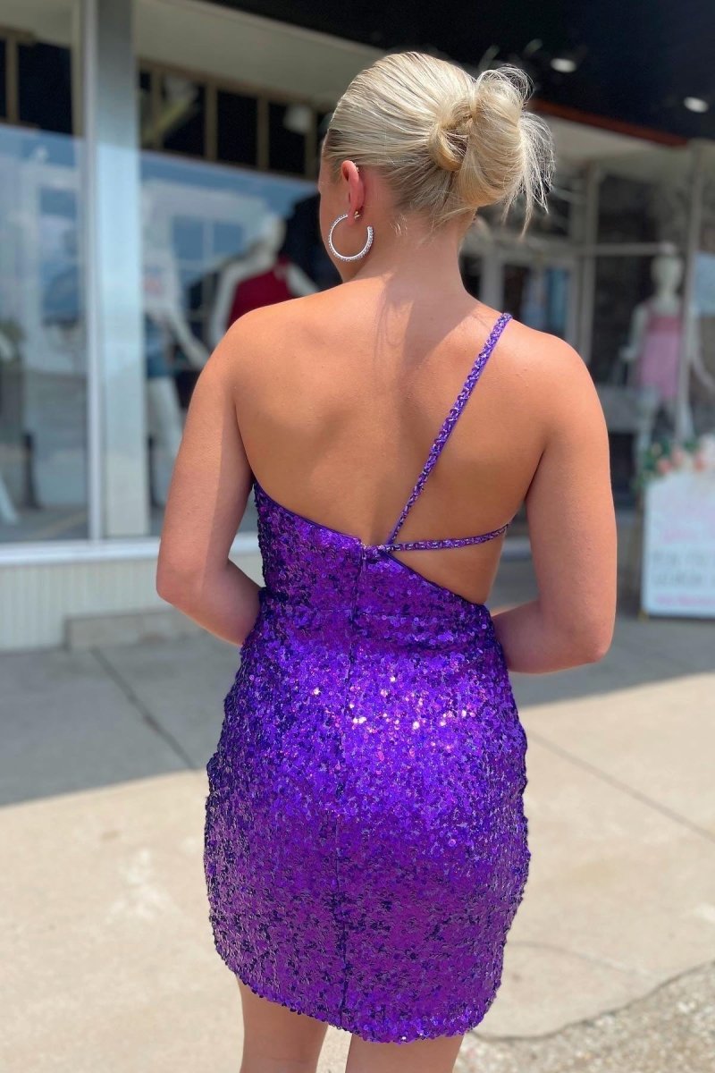 Straps One Shoulder Purple Sequins Homecoming Dress - KissProm