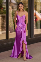 Jianna | Straps V - Neck Satin Mermaid Prom Dress with Bow - KissProm