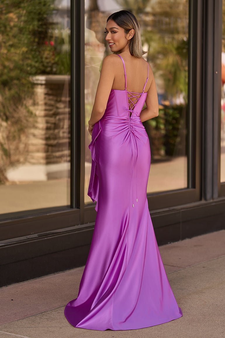 Jianna | Straps V - Neck Satin Mermaid Prom Dress with Bow - KissProm