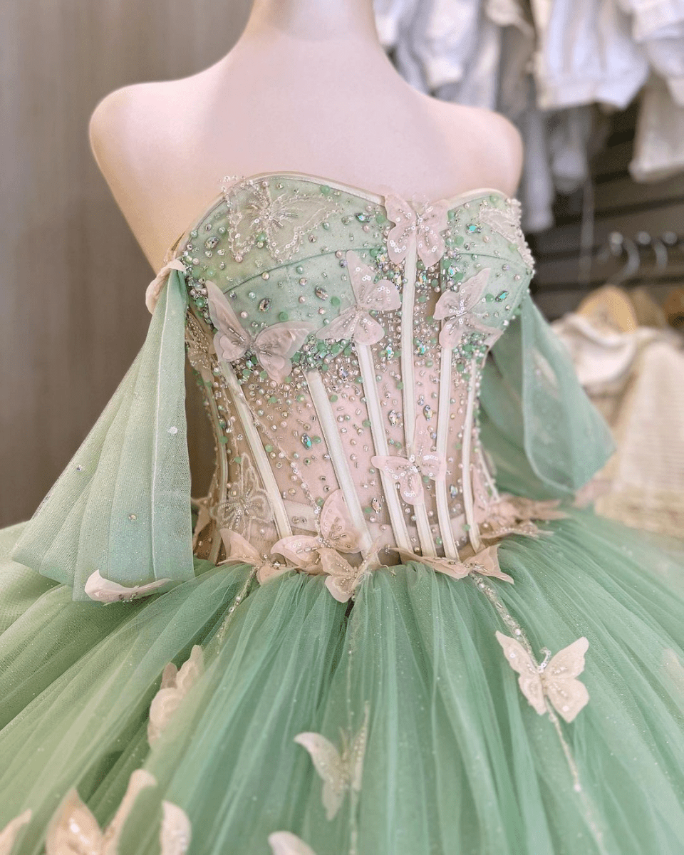 Ball Gown Light Green Tulle Quinceanera Dress With Butterflies - KissProm