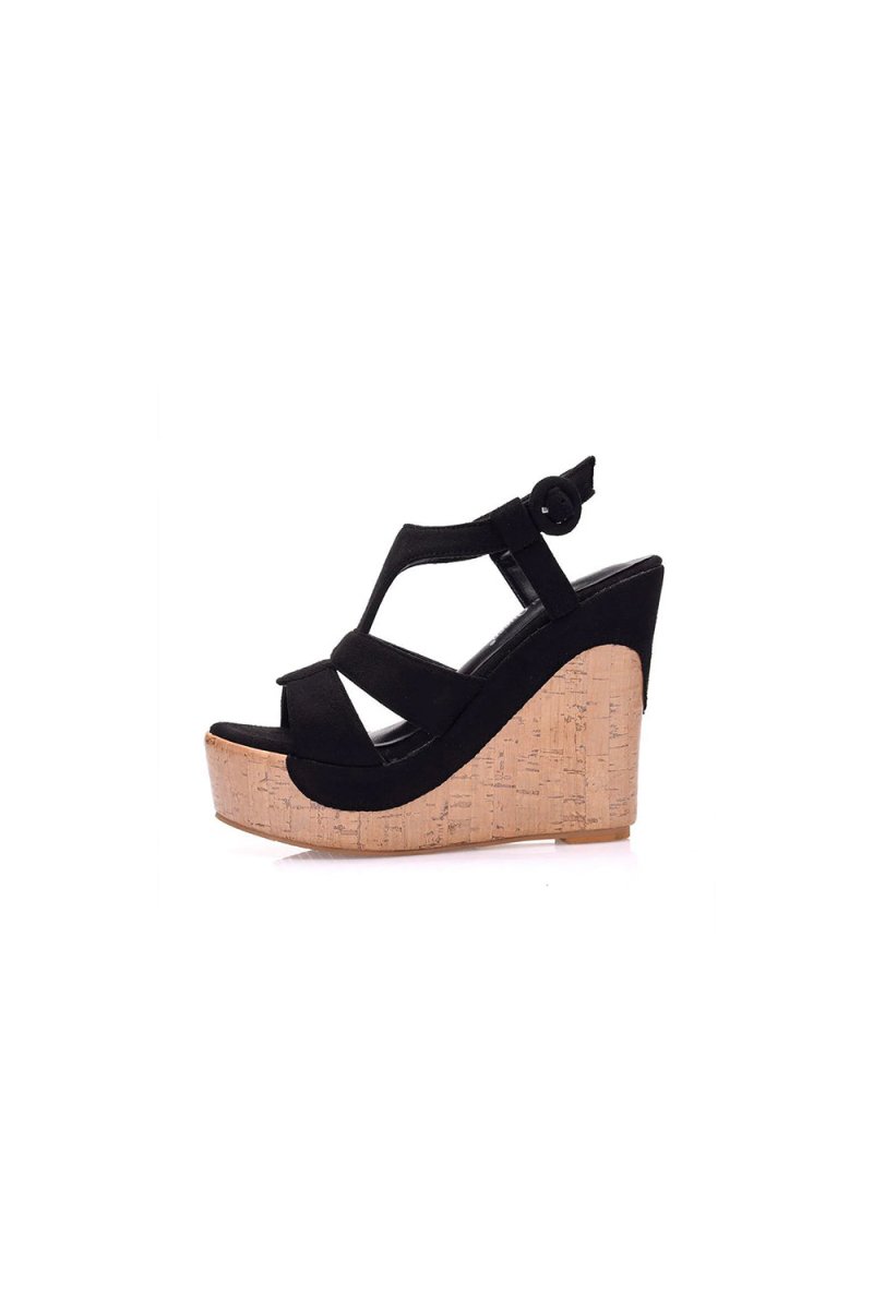 Suede Wood Grain Peep Toe Platform Wedges Sandals - KissProm