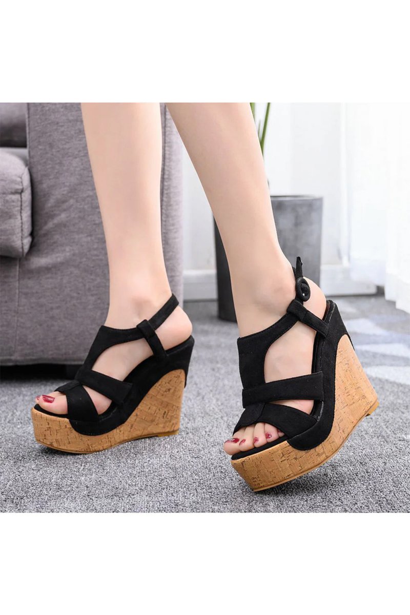 Suede Wood Grain Peep Toe Platform Wedges Sandals - KissProm