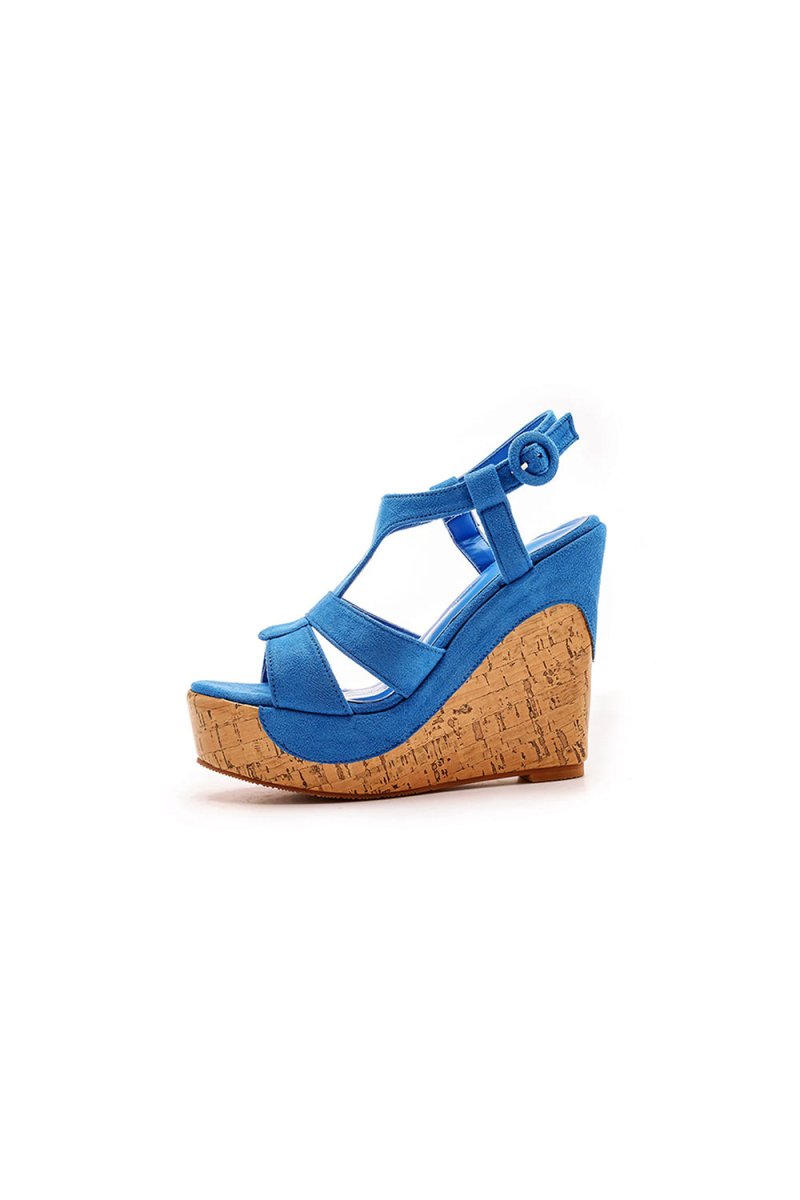 Suede Wood Grain Peep Toe Platform Wedges Sandals - KissProm