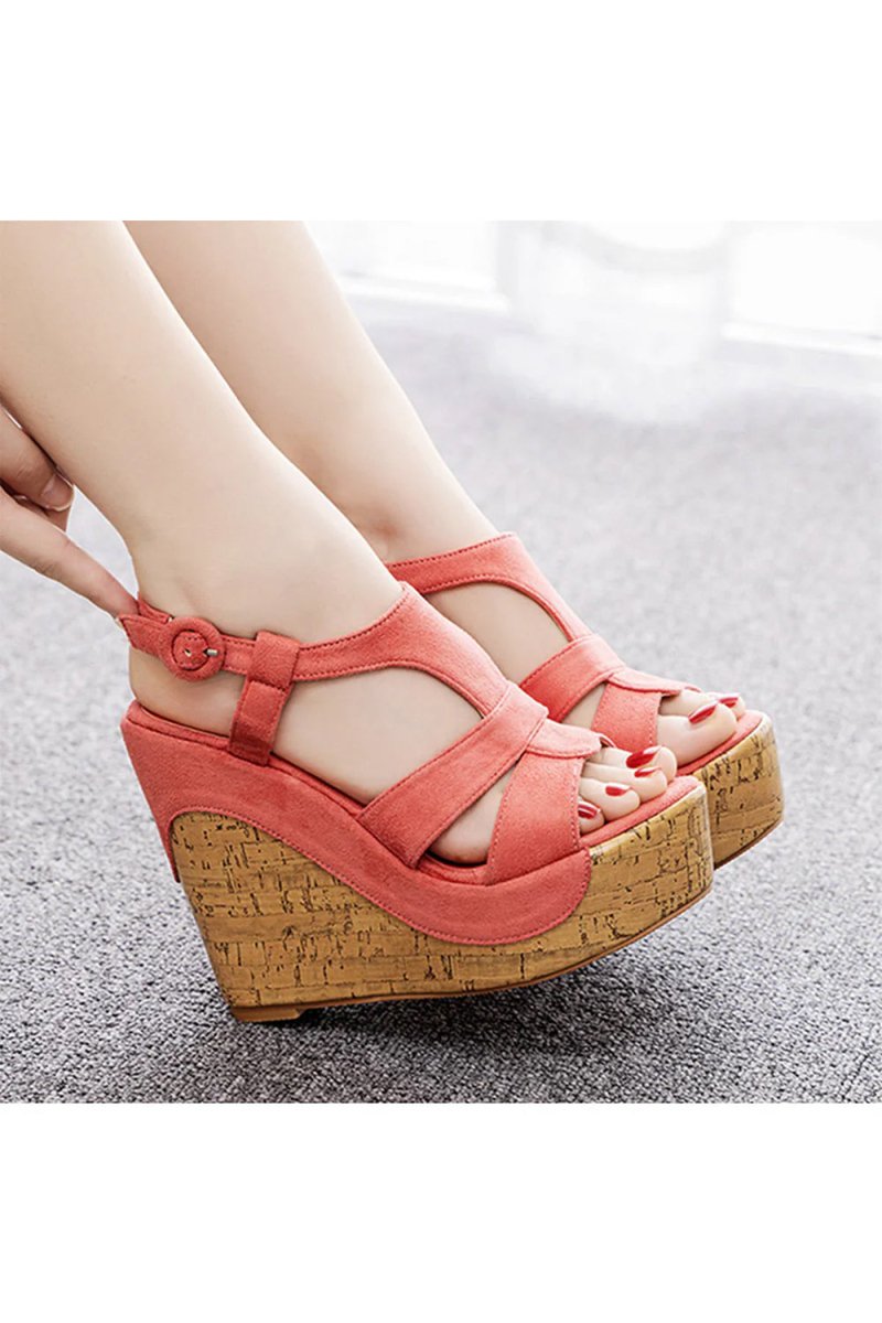 Suede Wood Grain Peep Toe Platform Wedges Sandals - KissProm