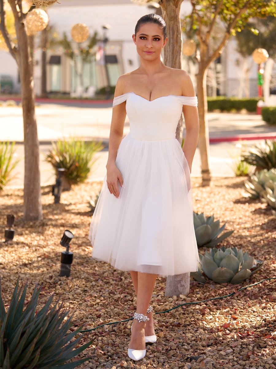 Sweet A - Line Off - The - Shoulder Little White Tulle Wedding Dresses - KissProm