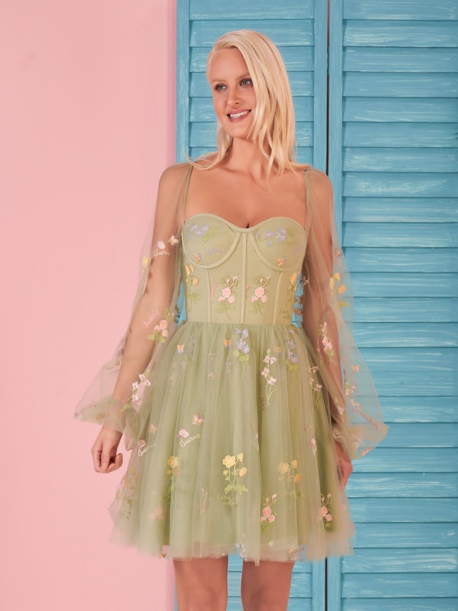 Sweetheart Embroidery Short - Length Tulle Puff Sleeves Cocktail Dress - KissProm