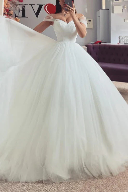 Sweetheart Off-Shoulder Tulle A-Line Lace Applique Illusion Empire Wedding Dress