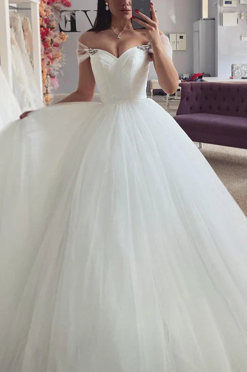 Sweetheart Off-Shoulder Tulle A-Line Lace Applique Illusion Empire Wedding Dress