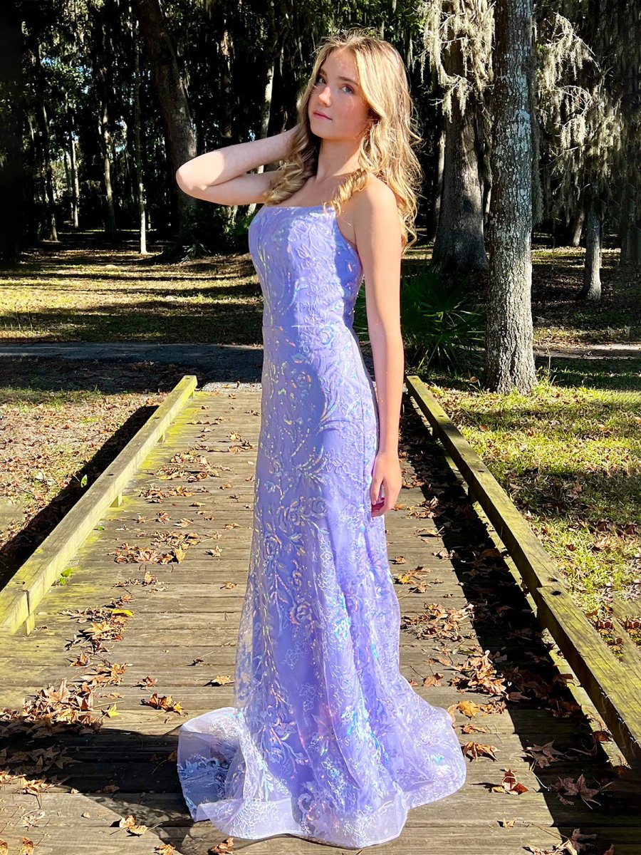 Sylvia | Mermaid Spagehtti Straps Lilac Lace Sequin Long Prom Dresses - KissProm