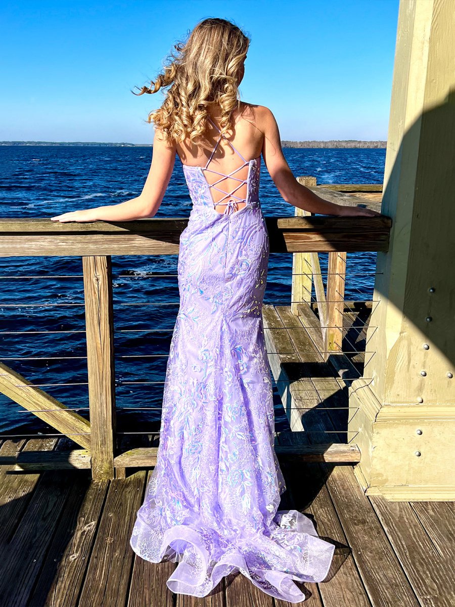 Sylvia | Mermaid Spagehtti Straps Lilac Lace Sequin Long Prom Dresses - KissProm