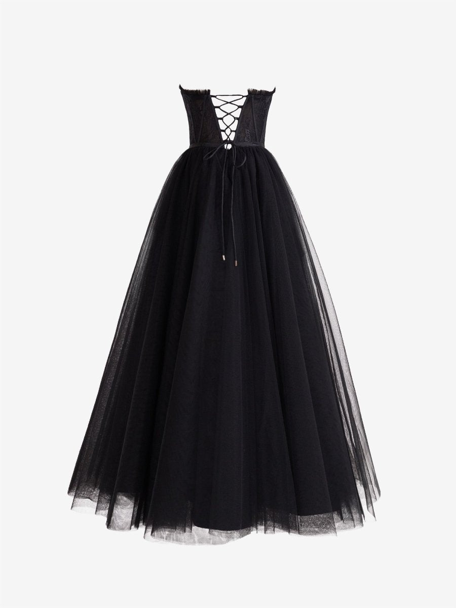 Talia | Black A Line Sweetheart Corset Tulle Prom Dress with Slit - KissProm