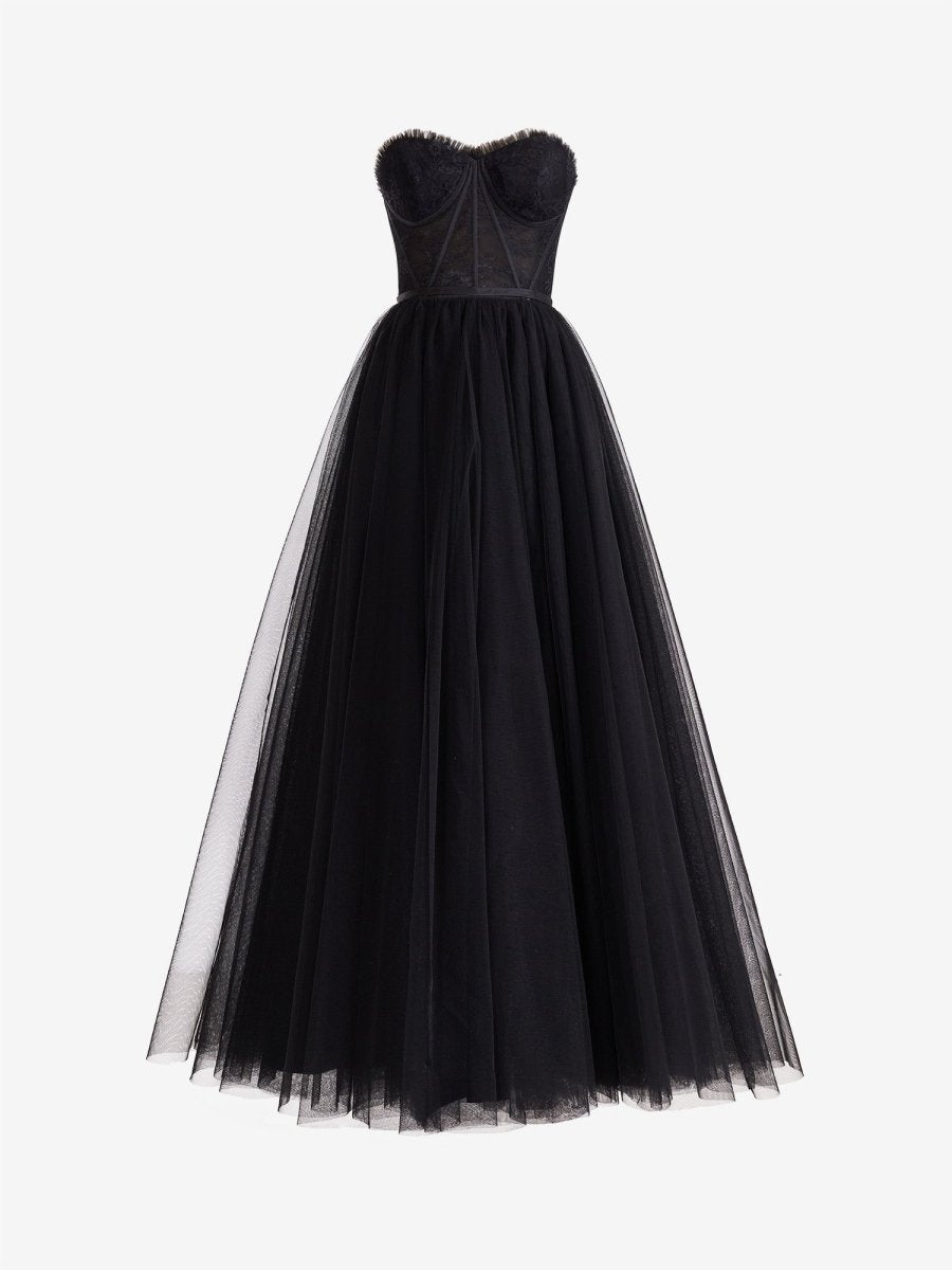 Talia | Black A Line Sweetheart Corset Tulle Prom Dress with Slit - KissProm