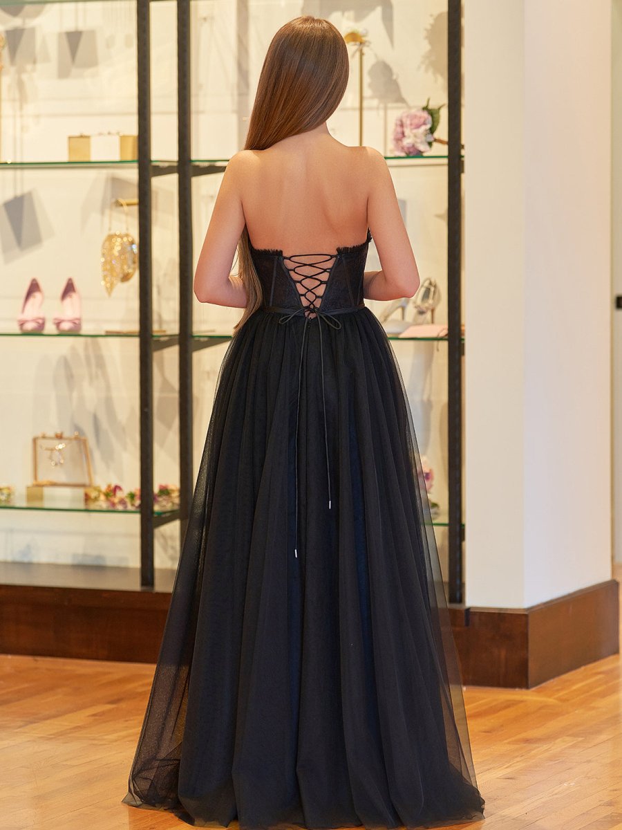 Talia | Black A Line Sweetheart Corset Tulle Prom Dress with Slit - KissProm