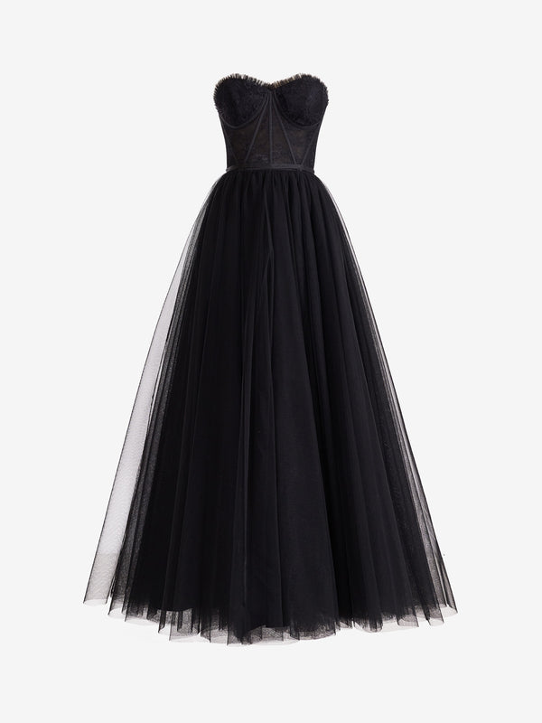 Talia Black A Line Sweetheart Corset Long Tulle Prom Dress with Slit ...