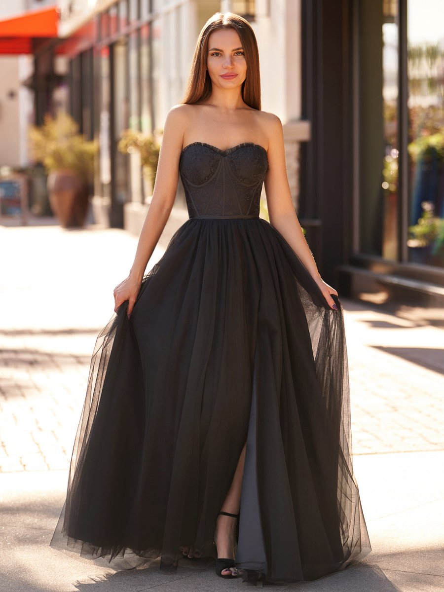 Talia | Black A Line Sweetheart Corset Tulle Prom Dress with Slit - KissProm